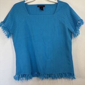 Sydney Easton Women's Size XL Teal Ribbed Tassels Short Sleeve Knit Top